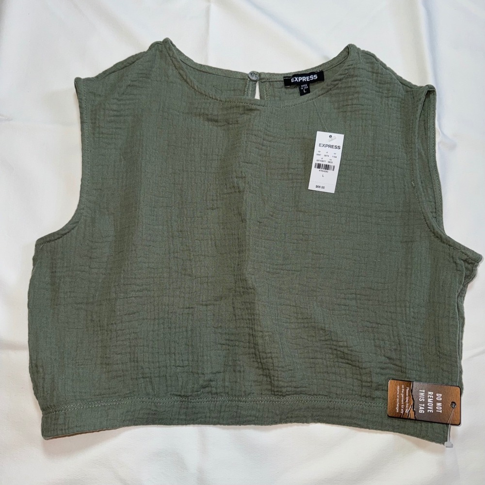 Express Womens Olive Green Textured Gauze Sleeveless Crop‎ Top Tank Size L NWT